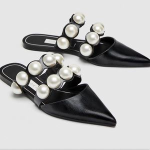 Black Zara flat mules with pearls